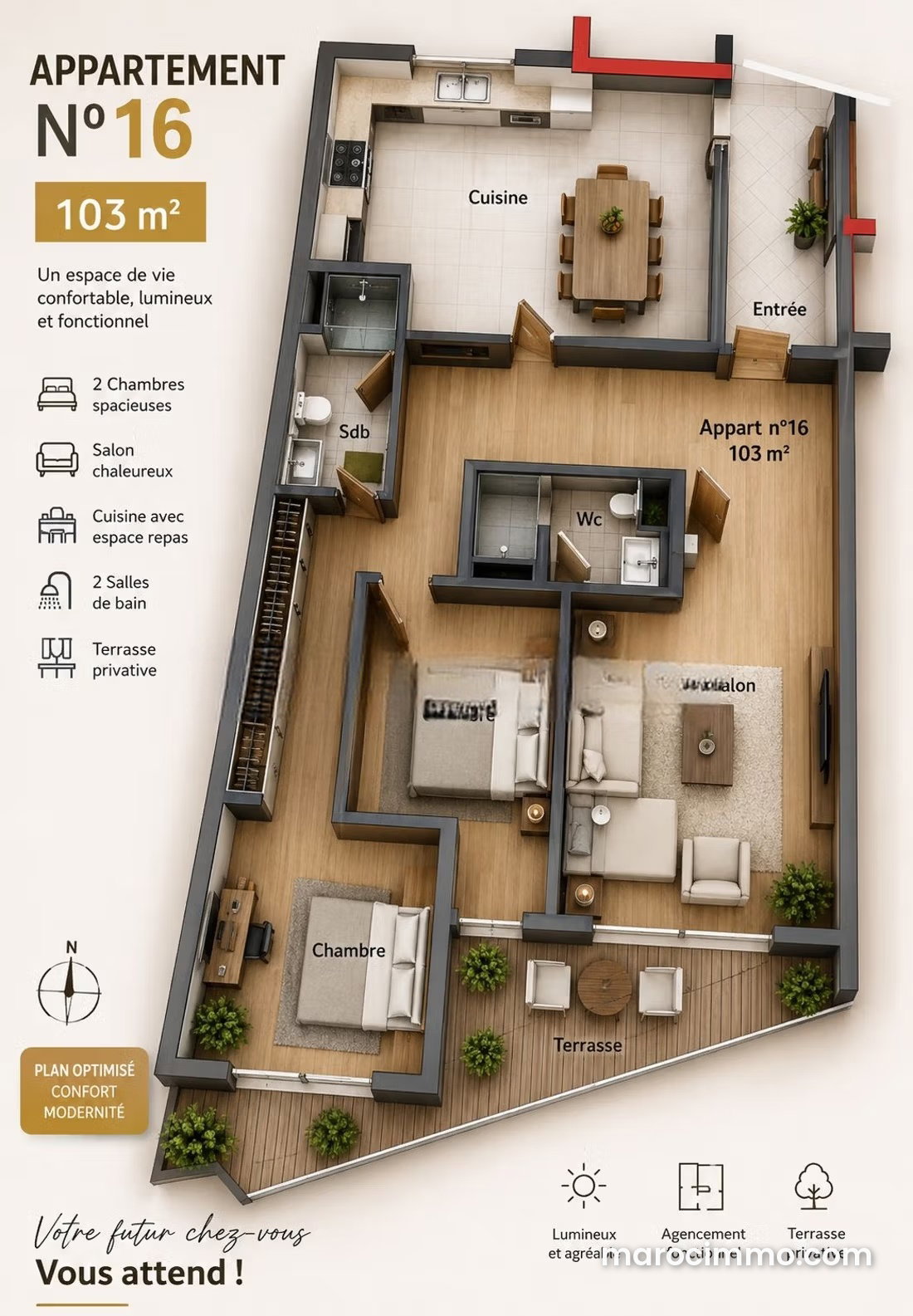 Appartement 60 m², 2 chambres, Palmier, Casablanca à vendre — Casablanca